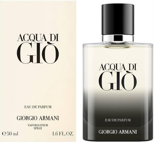 A 50ml bottle and box of Giorgio Armani Acqua Di Gio EDP Spray for men, showcasing a gradient black-to-clear design with bold black text.