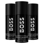 Three black cylindrical bottles of 3x Hugo Boss Bottled Beyond Deodorant Spray for men, each with white text and containing 150 ml (104.5 g).