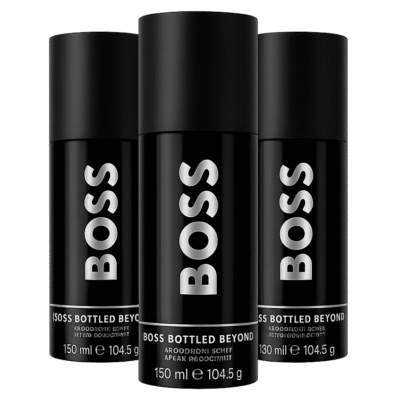 Three black cylindrical bottles of 3x Hugo Boss Bottled Beyond Deodorant Spray for men, each with white text and containing 150 ml (104.5 g).