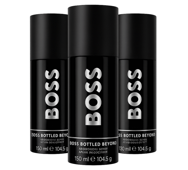 Three black cylindrical bottles of 3x Hugo Boss Bottled Beyond Deodorant Spray for men, each with white text and containing 150 ml (104.5 g). Three black cylindrical bottles of 3x Hugo Boss Bottled Beyond Deodorant Spray for men, each with white text and containing 150 ml (104.5 g).
