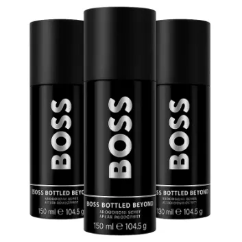 Three black cylindrical bottles of 3x Hugo Boss Bottled Beyond Deodorant Spray for men, each with white text and containing 150 ml (104.5 g).