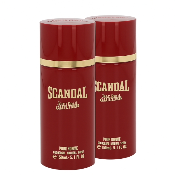 Two red cans of Jean Paul Gaultier Scandal Deodorant Spray for Men, 150ml each, featuring gold accents and white text.
