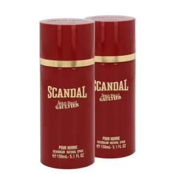 Two red cans of Jean Paul Gaultier Scandal Deodorant Spray for Men, 150ml each, featuring gold accents and white text.
