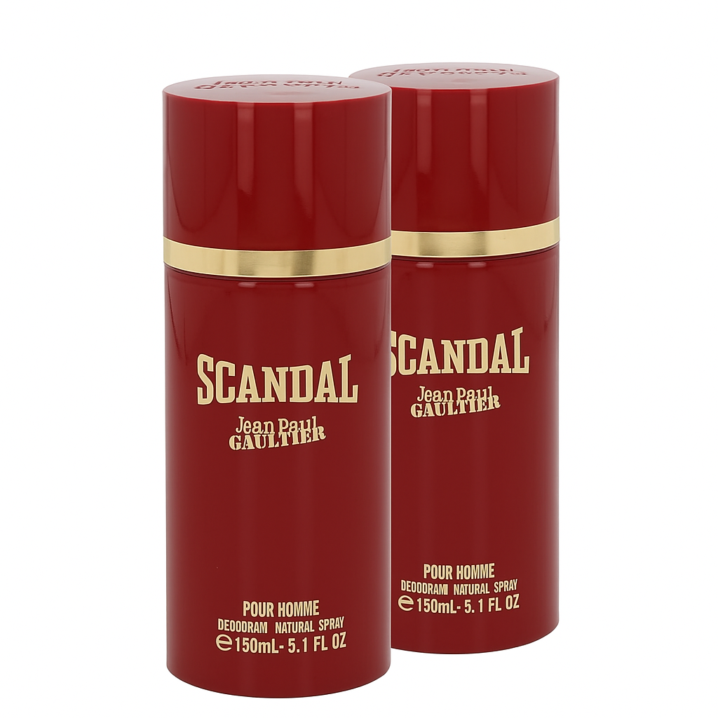 Two red cans of Jean Paul Gaultier Scandal Deodorant Spray for Men, 150ml each, featuring gold accents and white text. Two red cans of Jean Paul Gaultier Scandal Deodorant Spray for Men, 150ml each, featuring gold accents and white text.