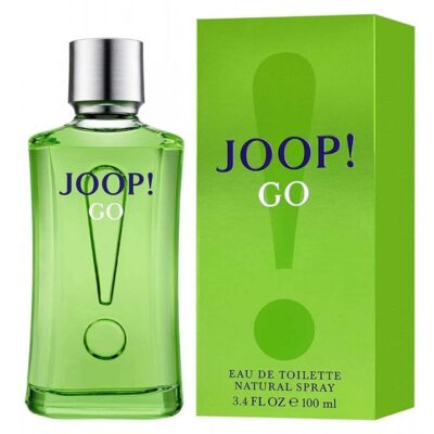 A green bottle of Joop Go Men's Eau de Toilette, 100ml EDT Spray, appears beside its matching box, both displaying the brand name and signature exclamation mark design.