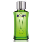 A green glass bottle of Joop Go Men's Eau de Toilette 100ml spray, featuring a silver cap and exclamation mark on the front, stands upright against a white background.