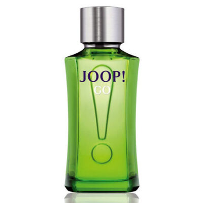 A green glass bottle of Joop Go Men's Eau de Toilette 100ml spray, featuring a silver cap and exclamation mark on the front, stands upright against a white background.