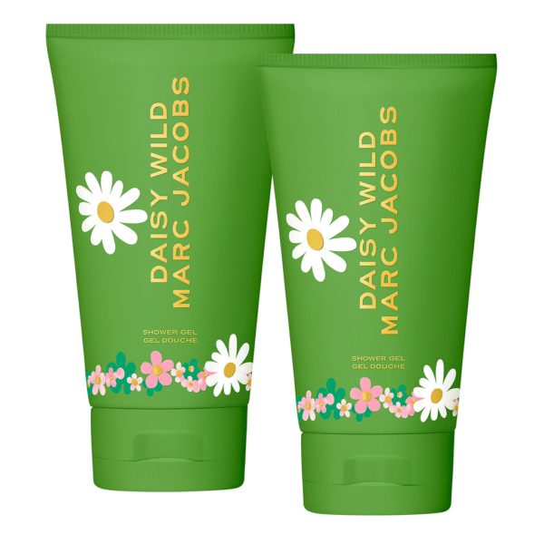 Two green 150ml tubes of Marc Jacobs Daisy Wild Shower Gel for women, each decorated with white daisy graphics and floral motifs. Set includes 2x body wash.