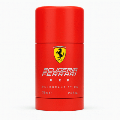 A pack of 3 Ferrari Scuderia Ferrari Red Deodorant Sticks for Men, 75ml each, featuring the iconic Ferrari logo and product details on the label.