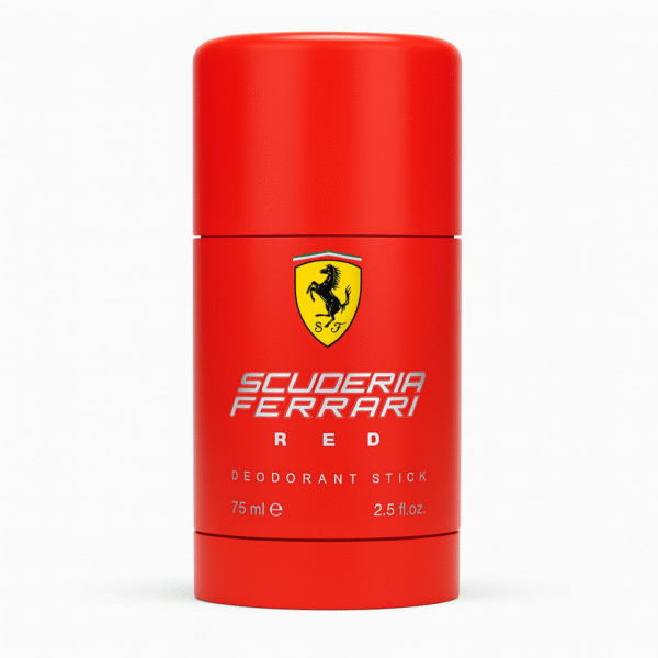 A pack of 3 Ferrari Scuderia Ferrari Red Deodorant Sticks for Men, 75ml each, featuring the iconic Ferrari logo and product details on the label. A pack of 3 Ferrari Scuderia Ferrari Red Deodorant Sticks for Men, 75ml each, featuring the iconic Ferrari logo and product details on the label.