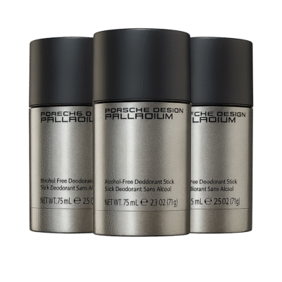 Three 75ml Porsche Design Palladium Alcohol Free Deodorant Sticks for men, featuring silver cylindrical containers with black caps.