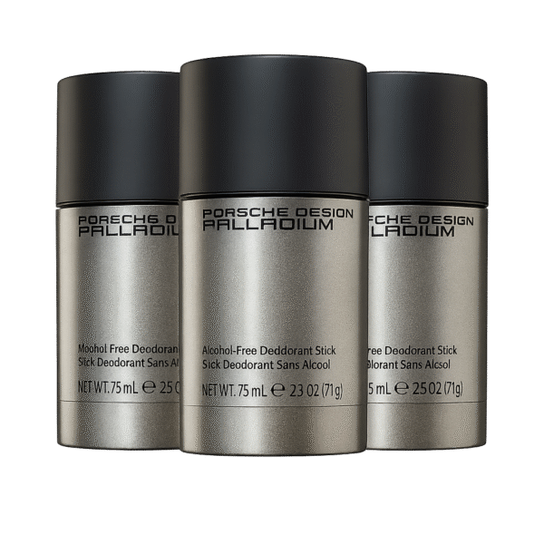 Three 75ml Porsche Design Palladium Alcohol Free Deodorant Sticks for men, featuring silver cylindrical containers with black caps. Three 75ml Porsche Design Palladium Alcohol Free Deodorant Sticks for men, featuring silver cylindrical containers with black caps.