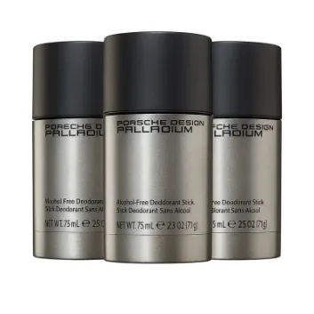 Three 75ml Porsche Design Palladium Alcohol Free Deodorant Sticks for men, featuring silver cylindrical containers with black caps.