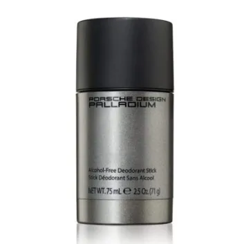Three silver cylindrical sticks of Porsche Design Palladium Alcohol Free Deodorant for men, 75 ml each, stand upright against a white background.