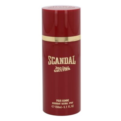 Two red cylindrical bottles labeled "Jean Paul Gaultier Scandal Deodorant Spray for Men, 150ml," each with a gold band near the top.
