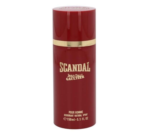 Two red cylindrical bottles labeled "Jean Paul Gaultier Scandal Deodorant Spray for Men, 150ml," each with a gold band near the top. Two red cylindrical bottles labeled "Jean Paul Gaultier Scandal Deodorant Spray for Men, 150ml," each with a gold band near the top.