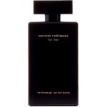 Two black rectangular bottles of Narciso Rodriguez for Her Shower Gel 200ml, featuring white and pink text on the front.