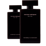 Two black, rectangular 200ml bottles of Narciso Rodriguez for Her Shower Gel, featuring minimalist white and pink text, with one bottle positioned slightly behind the other.