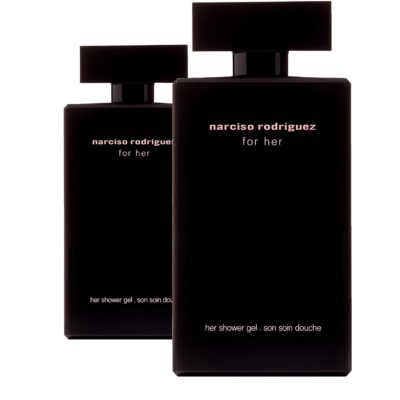 Two black, rectangular 200ml bottles of Narciso Rodriguez for Her Shower Gel, featuring minimalist white and pink text, with one bottle positioned slightly behind the other.