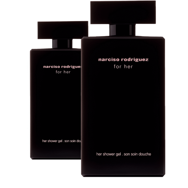 Two black, rectangular 200ml bottles of Narciso Rodriguez for Her Shower Gel, featuring minimalist white and pink text, with one bottle positioned slightly behind the other.