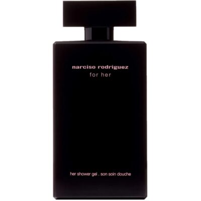 Two black rectangular bottles of Narciso Rodriguez for Her Shower Gel 200ml, featuring white and pink text on the front.