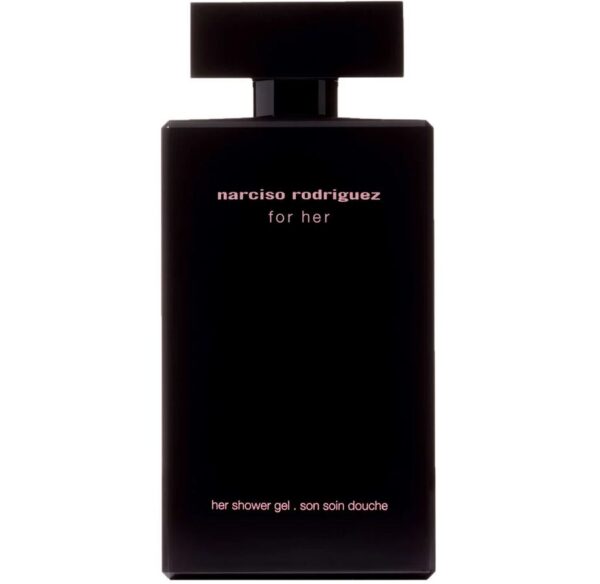 Two black rectangular bottles of Narciso Rodriguez for Her Shower Gel 200ml, featuring white and pink text on the front.