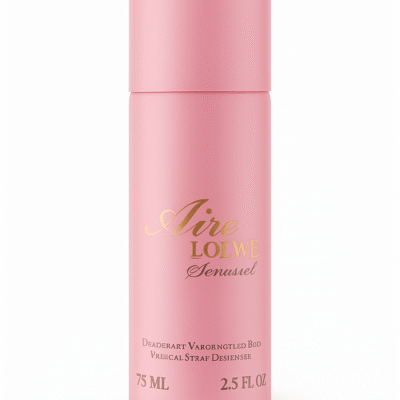 A pink cylindrical bottle labeled "Aire Loewe Sensual" with gold text, showing a 75 ml (2.5 fl oz) capacity.