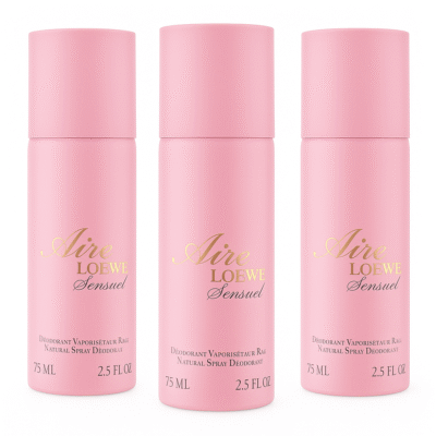 Three pink cylindrical bottles of Aire Loewe Sensual natural spray deodorant, each labeled 75 ml or 2.5 fl oz, are standing upright against a white background.