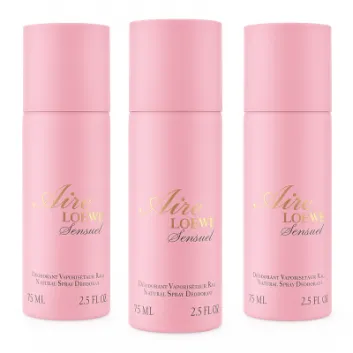 Three pink cylindrical bottles of Aire Loewe Sensual natural spray deodorant, each labeled 75 ml or 2.5 fl oz, are standing upright against a white background.