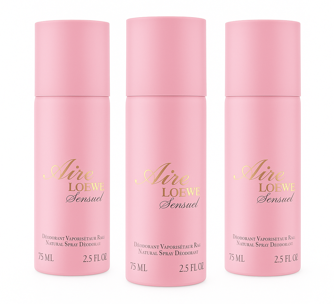 Three pink cylindrical bottles of Aire Loewe Sensual natural spray deodorant, each labeled 75 ml or 2.5 fl oz, are standing upright against a white background. Three pink cylindrical bottles of Aire Loewe Sensual natural spray deodorant, each labeled 75 ml or 2.5 fl oz, are standing upright against a white background.