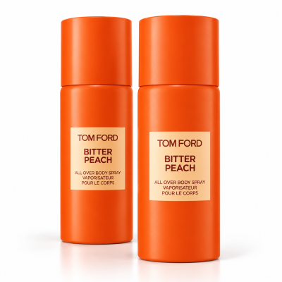 Two 2x Tom Ford Bitter Peach All Over Body Spray, 150ml bottles with beige labels stand upright side by side on a white background.