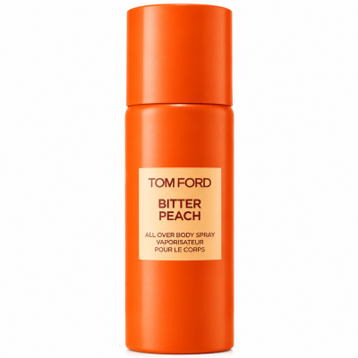 An orange cylindrical bottle of Tom Ford Bitter Peach All Over Body Spray, 150ml, set against a white background.