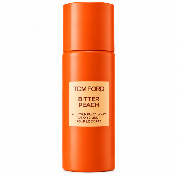 An orange cylindrical bottle of Tom Ford Bitter Peach All Over Body Spray, 150ml, set against a white background.