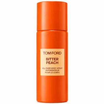 An orange cylindrical bottle of Tom Ford Bitter Peach All Over Body Spray, 150ml, set against a white background.