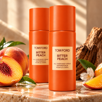2x Tom Ford Bitter Peach All Over Body Spray, 150ml bottles are shown with fresh peaches, green leaves, and a wooden log on a marble surface.