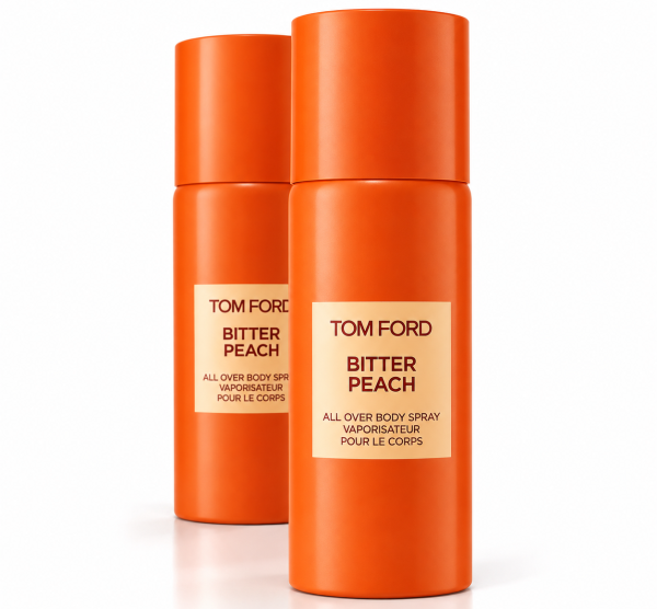 Two 2x Tom Ford Bitter Peach All Over Body Spray, 150ml bottles stand upright against a white background.