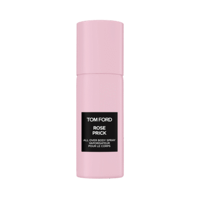 Two pink cylindrical bottles labeled "Tom Ford Rose Prick All Over Body Spray," unisex, 150ml each.