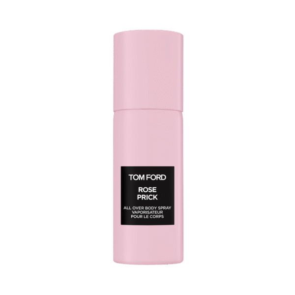 Two pink cylindrical bottles labeled "Tom Ford Rose Prick All Over Body Spray," unisex, 150ml each. Two pink cylindrical bottles labeled "Tom Ford Rose Prick All Over Body Spray," unisex, 150ml each.