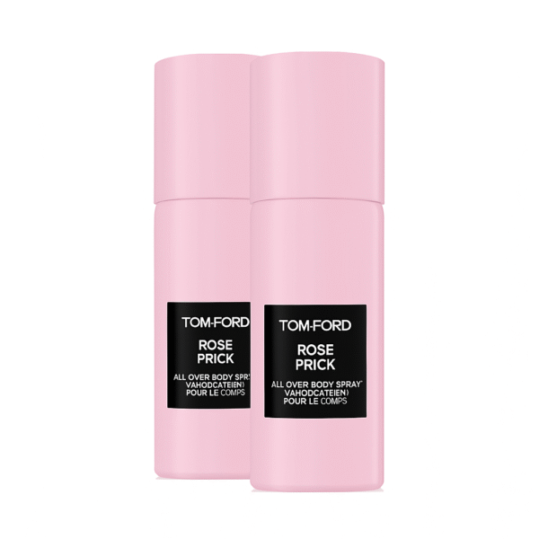 Two 150ml bottles of Tom Ford Rose Prick All Over Body Spray, unisex, are displayed side by side against a white background. Two 150ml bottles of Tom Ford Rose Prick All Over Body Spray, unisex, are displayed side by side against a white background.