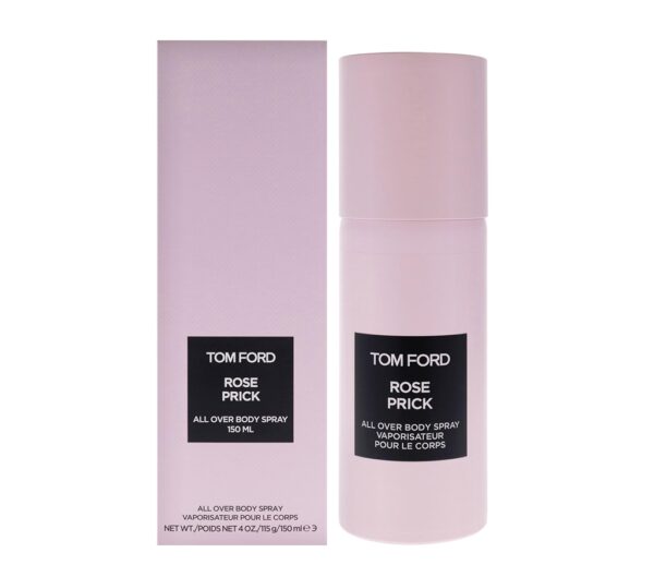 Two pink bottles with matching boxes of Tom Ford Rose Prick All Over Body Spray, Unisex, 150ml each, featuring black and white labeling.