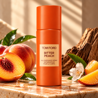 2x Tom Ford Bitter Peach All Over Body Spray, 150ml bottles with fresh peaches, green leaves, a white flower, and wood on a stone surface.