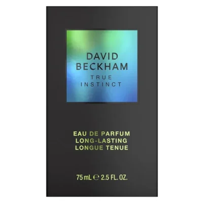 A set of two black boxes of David Beckham True Instinct Eau de Parfum 75ml spray, each with a blue-green reflective label and gold "long-lasting" text.