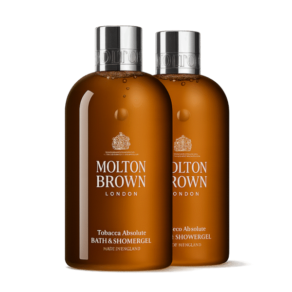 Two bottles of Molton Brown Tobacco Absolute Bath and Shower Gel 300ml are shown side by side with silver caps against a white background.