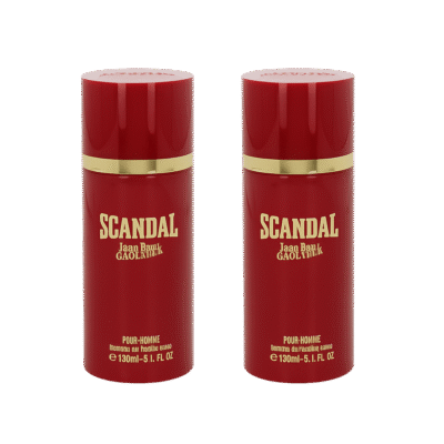 Two red bottles of Jean Paul Gaultier Scandal Deodorant Spray for Men, each 150ml, with gold bands and text.