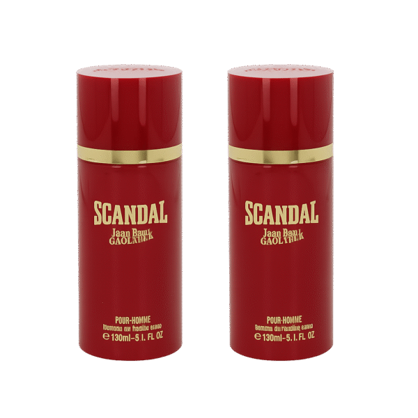 Two red bottles of Jean Paul Gaultier Scandal Deodorant Spray for Men, each 150ml, with gold bands and text.