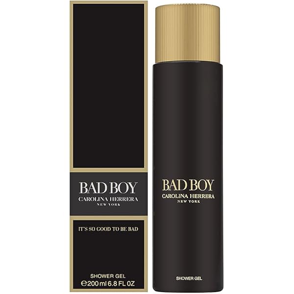 Three black and gold cans of Carolina Herrera Bad Boy Deodorant Spray for Men, 100ml each, stand next to their matching boxes.