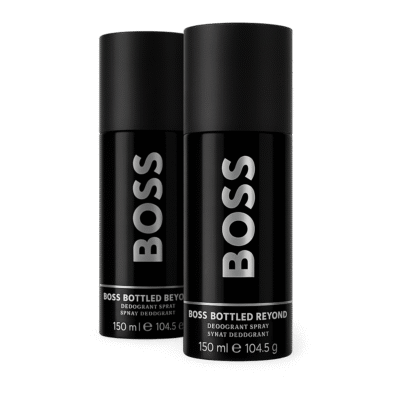 Three black cans of Hugo Boss Bottled Beyond Deodorant Spray for men (150 ml each) are arranged side by side against a plain background.