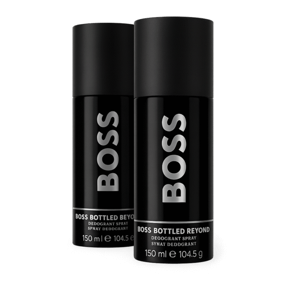 Three black cans of Hugo Boss Bottled Beyond Deodorant Spray for men (150 ml each) are arranged side by side against a plain background. Three black cans of Hugo Boss Bottled Beyond Deodorant Spray for men (150 ml each) are arranged side by side against a plain background.