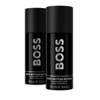 Three black cans of Hugo Boss Bottled Beyond Deodorant Spray for men (150 ml each) are arranged side by side against a plain background.