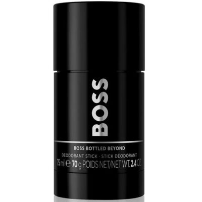 Set of 3 Hugo Boss Bottled Beyond deodorant sticks for men, each 75 ml, black cylindrical packaging with silver and white text.